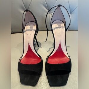 Roger Vivier Black Suede Open-Toe Ankle-Tie Heels with Red Insole